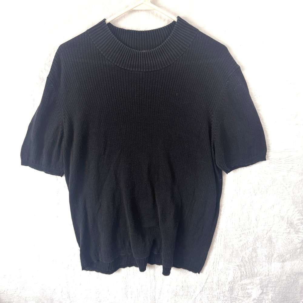 August Silk Black Ribbed Mock Neck Short Sleeve Silk‎ Top Women's Size 2X